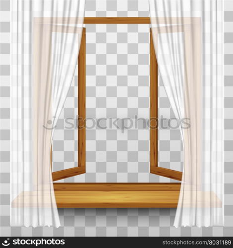 Wooden window frame with curtains on a transparent background. Vector.