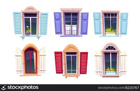 Wooden windows with open shutters in mediterranean style isolated on white background. Vector cartoon set of house windows with colored frames, curtains and flower pots on sill. Wooden windows with open shutters