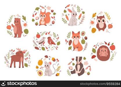 Woodland animals set. Cute fox, bear, elk, rabbit and birds. Perfect for scrapbooking, cards, poster, tag, sticker kit. Hand drawn vector illustration.