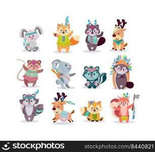 Woodland boho characters flat icon kit. Cartoon cute rabbit, fox, racoon, deer, mouse, squirrel vector illustration set. Fluffy sweet animals concept