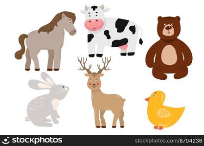 Woodland characters. Cartoon cute animals for baby cards.. Woodland characters. Cartoon cute animals for baby cards. horse, bear, deer, chicken, cow, hare