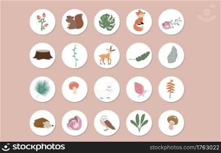 Woodland object collection with deer,fox,owl for social media,sticker