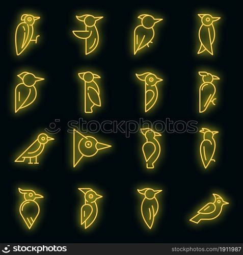 Woodpecker icons set. Outline set of woodpecker vector icons neon color on black. Woodpecker icons set vector neon