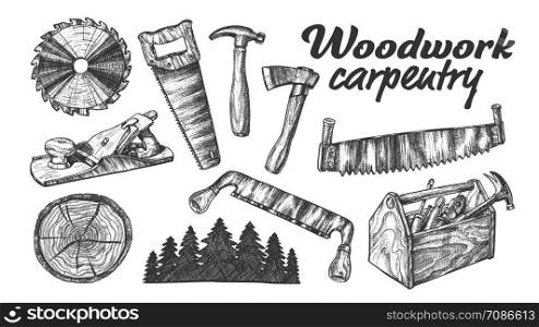 Woodwork Carpentry Collection Equipment Set Vector. Hand Saw And Circular Blade, Wooden Slab And Forest, Tree Cross Section And Planer Tool, Hammer And Ax Carpentry Tools. Cartoon Illustration. Woodwork Carpentry Collection Equipment Set Vector