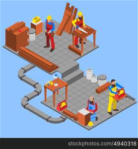 Woodwork People Composition . Woodwork people isometric composition with tools on blue background vector illustration