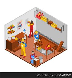 Woodwork Workshop Concept . Woodwork workshop isometric concept with people equipment and workers vector illustration