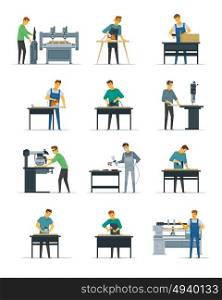 Woodworking Carpenter Service Flat Icons Collection . Woodworking carpentry polishing and painting flat icons collection with home refurnishing and repair services isolated vector illustration
