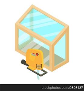 Woodworking icon isometric vector. Electric jigsaw near new panoramic window. Construction and repair work. Woodworking icon isometric vector. Electric jigsaw near new panoramic window