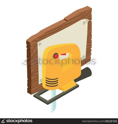 Woodworking icon isometric vector. Electric jigsaw near old wooden board icon. Construction and repair work. Woodworking icon isometric vector. Electric jigsaw near old wooden board icon