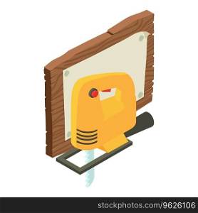 Woodworking icon isometric vector. Electric jigsaw near old wooden board icon. Construction and repair work. Woodworking icon isometric vector. Electric jigsaw near old wooden board icon