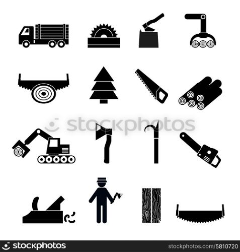 Woodworking industry icons black set with carpenter tree saw isolated vector illustration. Woodworking Industry Icons Black