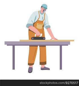 Woodworking making furniture or project from wood material. Isolated carpenter with small saw cutting plank in pieces. Man in uniform and mask at work, worker at construction site. Vector in flat . Carpenter working with wooden plank materials