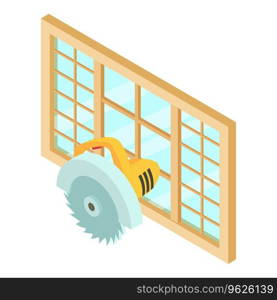 Woodworking tool icon isometric vector. Electric circular saw and large window. Cutting wood machine, repair work. Woodworking tool icon isometric vector. Electric circular saw and large window
