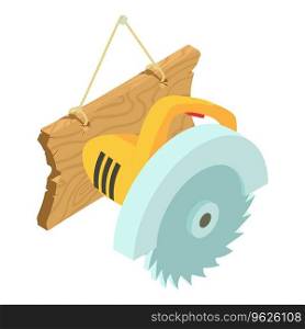 Woodworking tool icon isometric vector. Electric circular saw and wooden plank. Cutting wood machine, construction and repair work. Woodworking tool icon isometric vector. Electric circular saw and wooden plank