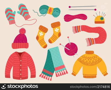 Wool clothes. Fabric woolen fashion colorful handcraft thread clothes collection sweater cap scarf recent vector illustrations collection in flat style. Handcraft and needlecraft, handicraft clothing. Wool clothes. Fabric woolen fashion colorful handcraft thread clothes collection sweater cap scarf recent vector illustrations collection in flat style