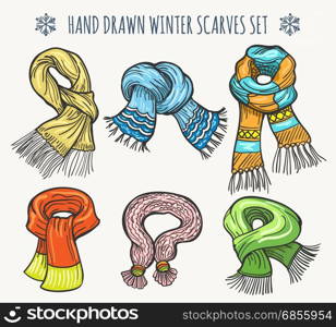 Woolen fashion winter knitted scarf set. Woolen fashion hand drawn scarves isolated on white background. Christmas vector winter knitted striped scarf set