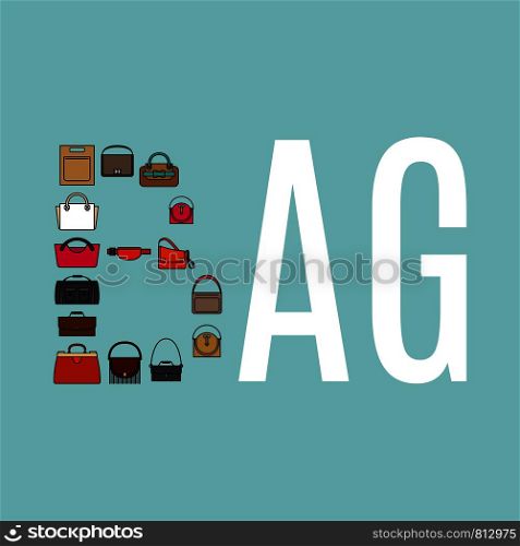 Word Bag with bag icons vector lettering design concept. Word Bag with bags icons