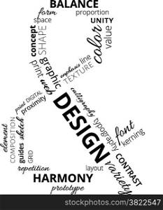 Word cloud about theory and principles of design in the shape of ampersand.