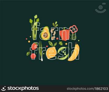 Word farm fresh full of vegetables,berries,fruits on background. Natural, organic products-strawberry and cherry, avocado, celery, beans, pepper, lemon and peas, banana.Vector for web,design,print.. Word farm fresh full of vegetables,berries,fruits.