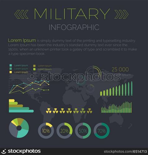 Word Infographic Flat Design Vector Illustration. Word Infographic vector. Color circle and line diagrams with data, sample text, word map silhouette on black background. Flat style illustration for econimical, political, military concepts