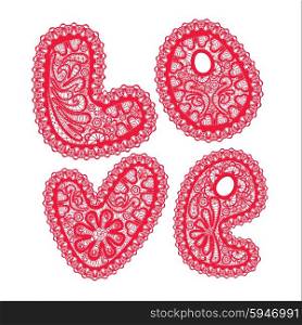 Word LOVE is made of red pattern of openwork lace isolated on white background