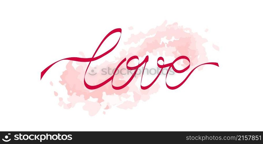 Word Love, lettering written by flying red ribbon or red thread of destiny, on pink splash, brush stroke background with scattered drops. Cute isolated design element for prints, web. Word Love shaped by red ribbon or red thread, on splash background
