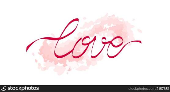 Word Love, lettering written by flying red ribbon or red thread of destiny, on pink splash, brush stroke background with scattered drops. Cute isolated design element for prints, web. Word Love shaped by red ribbon or red thread, on splash background