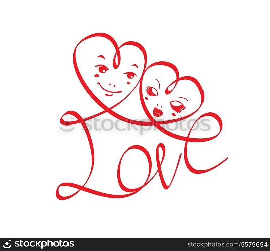Word LOVE with hearts and funny faces isolated on white background. design for Valentine`s Day or Wedding invitation.