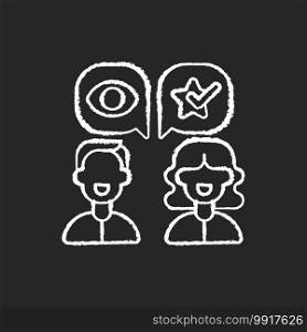 Word of mouth marketing chalk white icon on black background. Consumers interest in a companys product or service is reflected in their daily dialogues. Isolated vector chalkboard illustration. Word of mouth marketing chalk white icon on black background