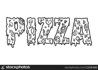 Word pizza made from pizza slices. Design element for poster, card, banner, sign, flyer.Vector illustration