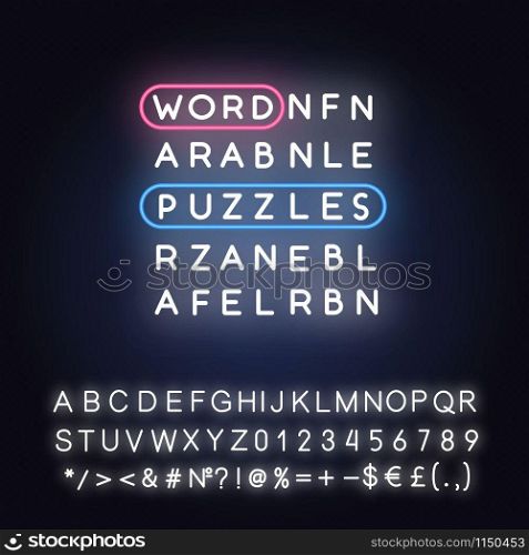 Word puzzle neon light icon. Mental exercise. Hidden word search game grid. Language, vocabulary test. Brain teaser. Glowing sign with alphabet, numbers and symbols. Vector isolated illustration