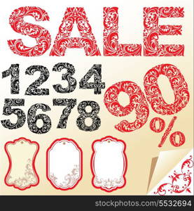 Word SALE, numerals and letters are made of floral ornament. Set of shop labels.