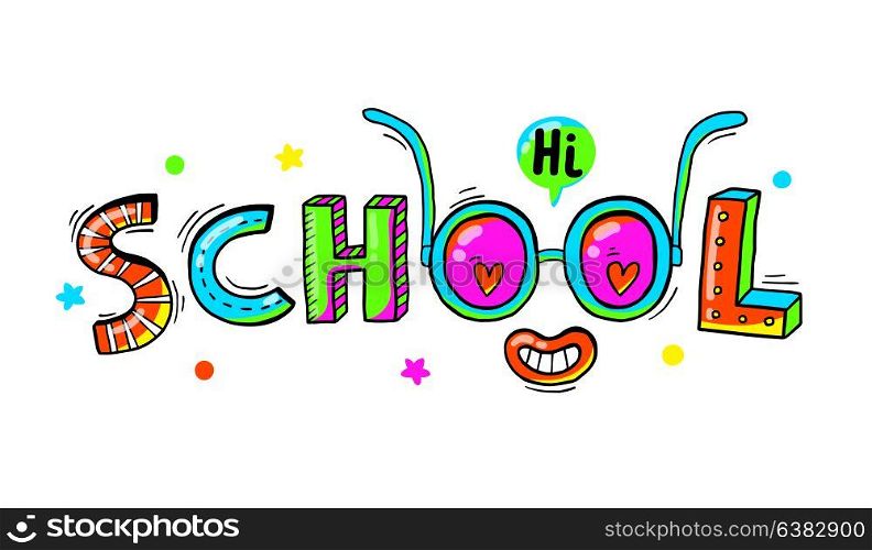 Word School hand drawn in a fun cartoon style.Vector illustration. Word School hand drawn in a fun cartoon style.Vector illustration.
