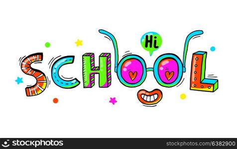 Word School hand drawn in a fun cartoon style.Vector illustration. Word School hand drawn in a fun cartoon style.Vector illustration.