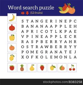 Word search puzzle. Fruits collection. Orange, pomegranate, apricot, banana, pineapple, cherry, apple, tangerine, strawberry, pear, peach and raspberry.. Word search puzzle. Fruits collection. Orange, pomegranate, apricot, banana, pineapple, cherry, apple, tangerine, strawberry, pear, peach and raspberry