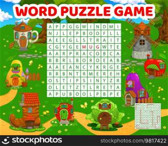 Word search puzzle game. Cartoon fairytale house buildings. Vector crossword brainteaser worksheet, kids quiz grid with strawberry, cabbage, boot and eggplant, apple, windmill, teacup and pear homes. Word search puzzle game fairytale house buildings