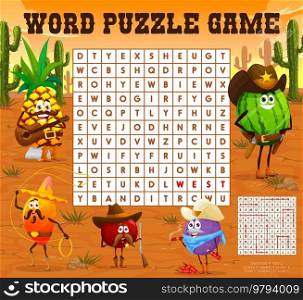 Word search puzzle game, cartoon fruit western cowboy, ranger, sheriff and robber characters, vector quiz. Pineapple cowboy, watermelon sheriff and papaya western ranger on word search grid game. Word search puzzle game, cartoon fruit cowboys