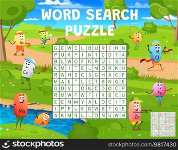Word search puzzle game. Cartoon micronutrient sportsman characters. Child crossword puzzle, children wordsearch quiz grid vector worksheet with doing exercises Na, Ca, Mn and Zn, Fe, Se vitamins. Word search game with micronutrient characters