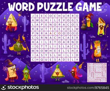 Word search puzzle game cartoon tex mex mexican food wizard characters. Vector chili, tacos and enchiladas, quesadilla and chimichanga. Tamales, burrito, churros and jalapeno, nachos, avocado. Word search puzzle game cartoon tex mex wizards