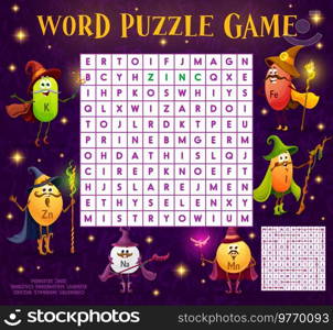 Word search puzzle game, micronutrients wizard and mage characters, vector quiz. Kids riddle grid worksheet to search and find word of micronutrient mineral pills, zinc, natrium and manganese sorcerer. Word search puzzle game, micronutrients wizards