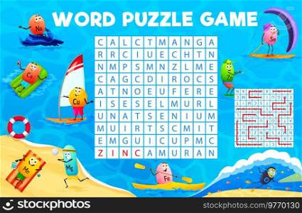 Word search puzzle game of cartoon vitamin and mineral characters on beach vacation. Kids education vector worksheet with funny multivitamin pills swimming, sunbathing, diving, riding boat and jet ski. Word search puzzle game, cartoon vitamins on beach