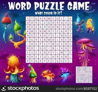 Word search puzzle game worksheet, find color of mushroom caps, vector kids riddle. Game grid to search and find word of luminous mushroom colors in magic forest of toadstools. Word search puzzle worksheet, find mushroom color