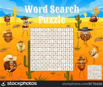 Word search puzzle game worksheet. Wild west nut sheriff, cowboys and bandits characters. Kids quiz vector game with peanut, pistachio, coconut and walnut, pecan and hazelnut, cashew and almond. Word search puzzle game with wild west nut cowboys