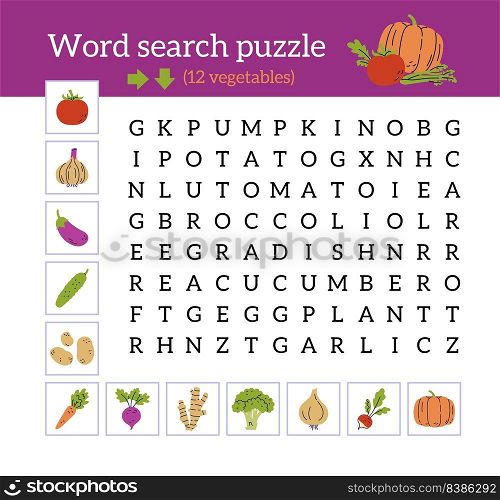 Word search puzzle. Vegetables collection. Cucumber, onion, tomato, broccoli, potato, ginger pumpkin carrot eggplant garlic radish and beet. Word search puzzle. Vegetables collection. Cucumber, onion, tomato, broccoli, potato, ginger, pumpkin, carrot, eggplant, garlic, radish and beet