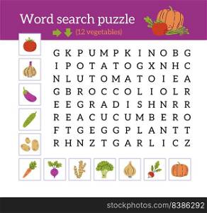 Word search puzzle. Vegetables collection. Cucumber, onion, tomato, broccoli, potato, ginger pumpkin carrot eggplant garlic radish and beet. Word search puzzle. Vegetables collection. Cucumber, onion, tomato, broccoli, potato, ginger, pumpkin, carrot, eggplant, garlic, radish and beet