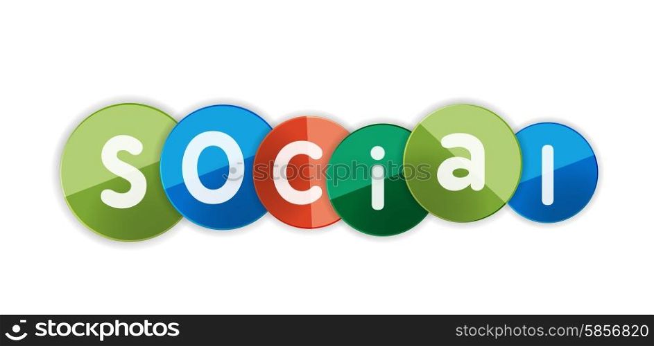 Word social concept on color geometric shapes. Banner, web button. Web illustration or message for online web site, presentation or application