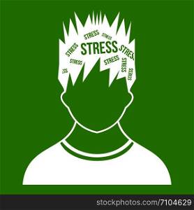 Word stress in the head of man icon white isolated on green background. Vector illustration. Word stress in the head of man icon green