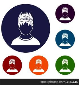 Word stress in the head of man icons set in flat circle reb, blue and green color for web. Word stress in the head of man icons set