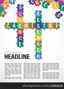Words CHEMISTRY, SCIENCE, RESEARCH formed by symbols of the Periodic Table of the Elements in the form of puzzle pieces. Page layout - Vector image
