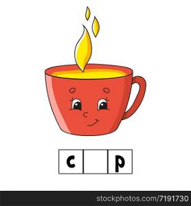 Words puzzle. Cup. Education developing worksheet. Learning game for kids. Color activity page. Puzzle for children. English for preschool. Vector illustration. Cartoon style.